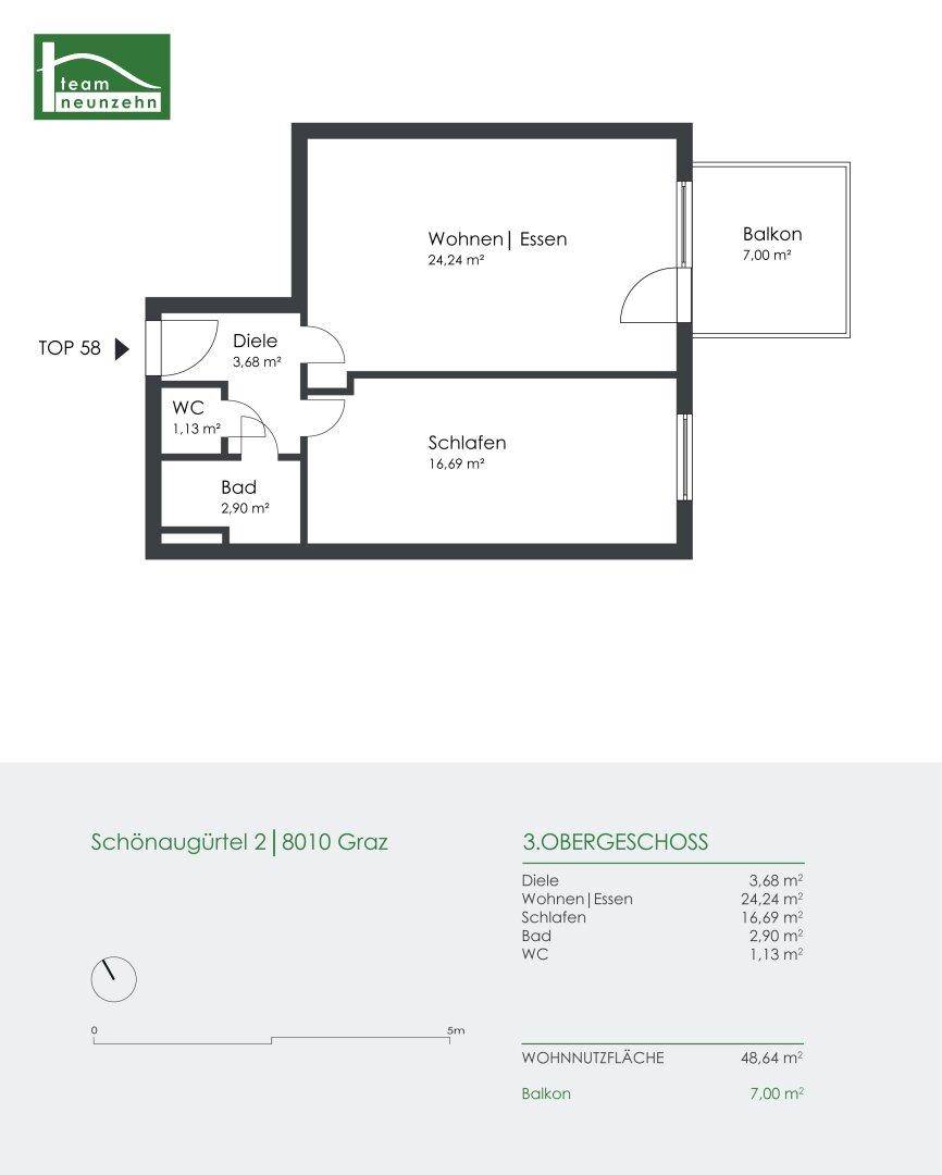 Grundriss einer Wohnung mit offenem Wohn-Essbereich, Schlafzimmer, Bad, WC und Balkon.