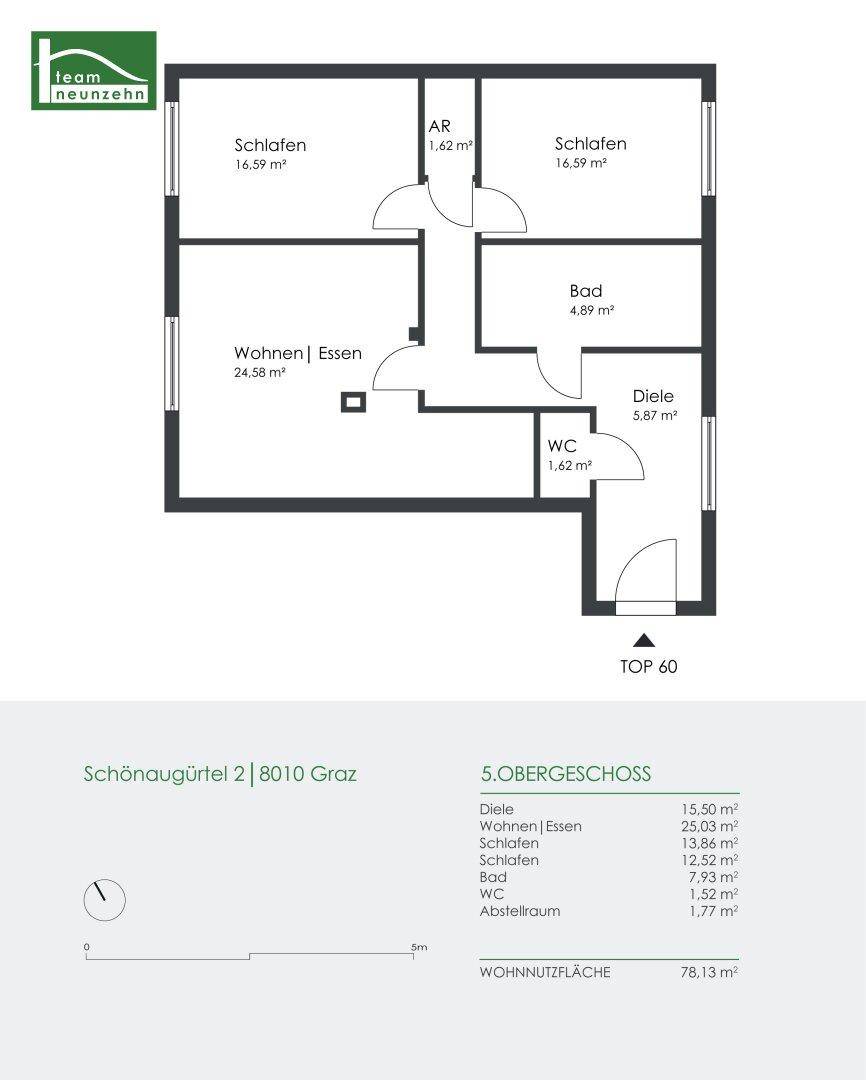 Grundriss der Wohnung Top 60 mit zwei Schlafzimmern, Wohn-Essbereich und zwei Bädern.