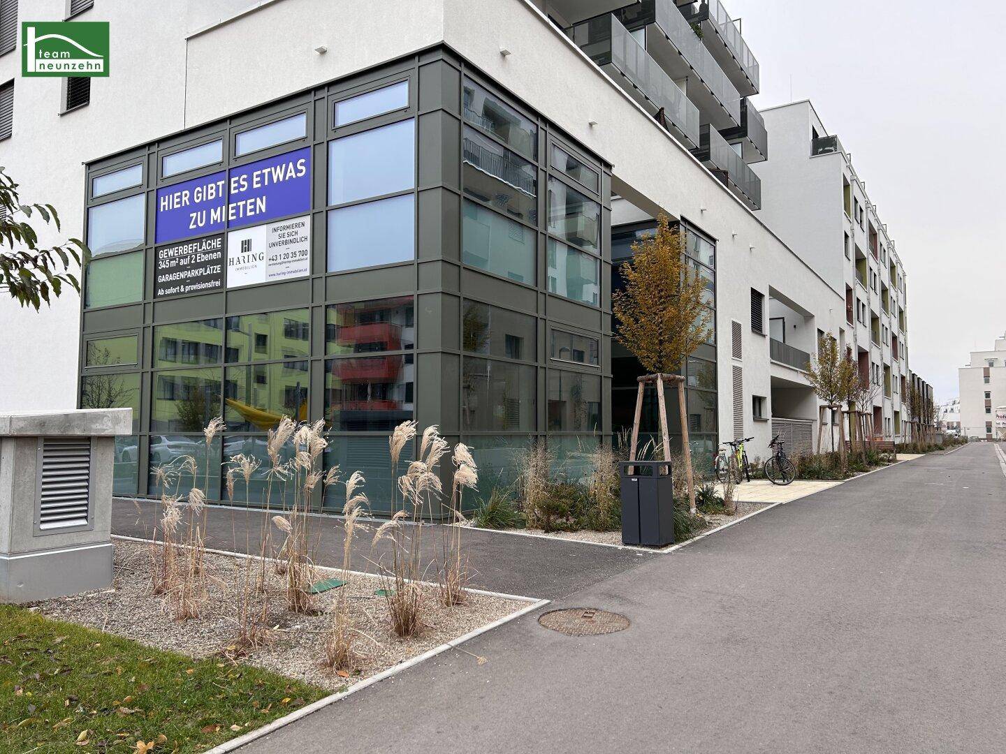 Außenansicht eines modernen Geschäftsgebäudes mit großen Fensterfronten und einem "Zu vermieten"-Schild.