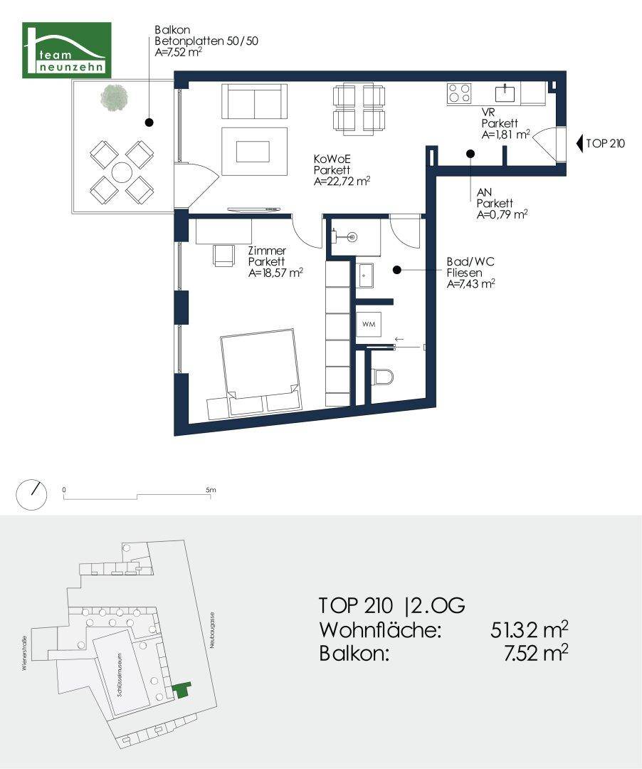 Detaillierter Grundriss der Wohnung TOP 210 mit Balkon und Raumaufteilung.