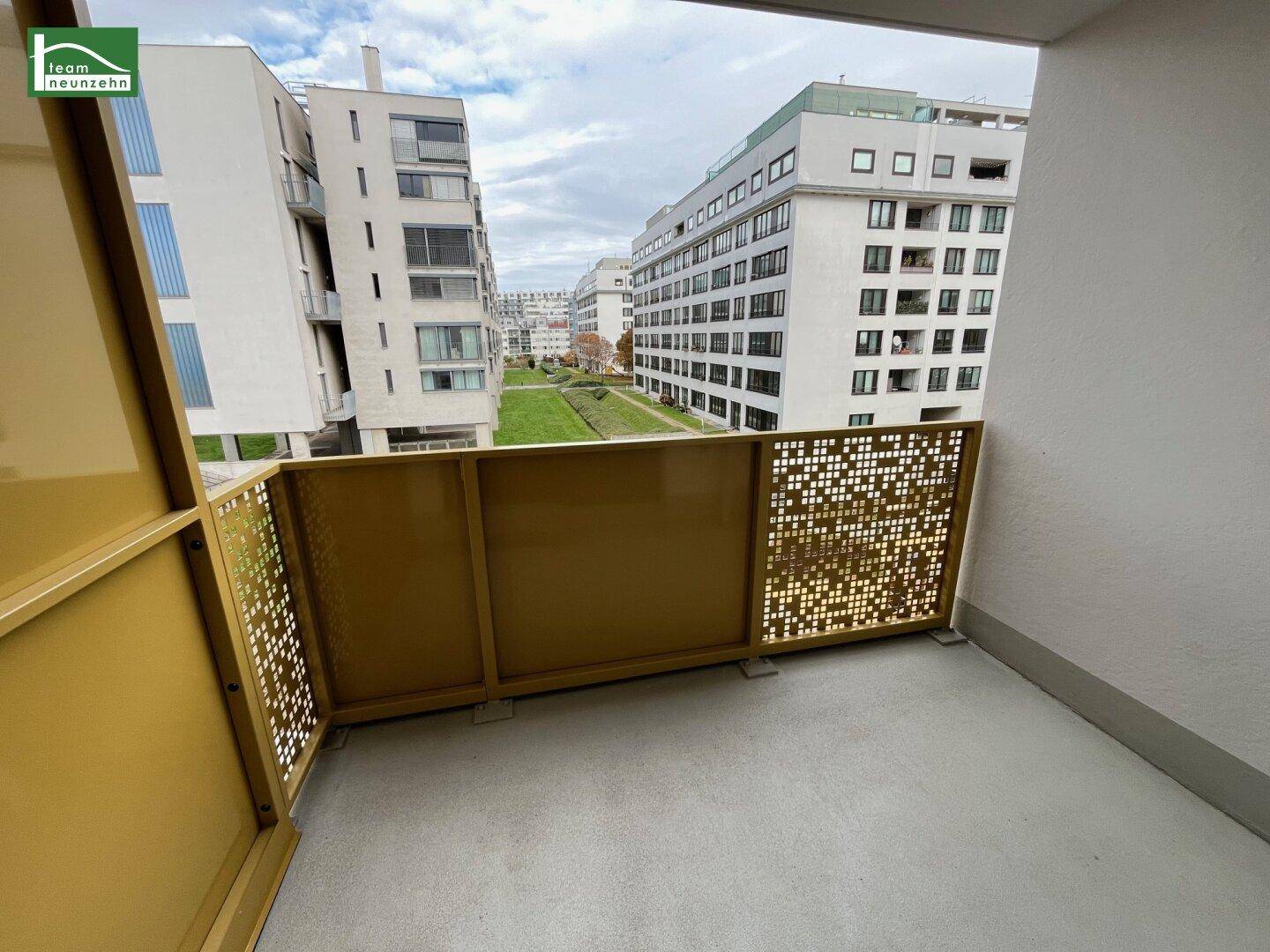 Balkon mit dekorativem Geländer und Blick auf die umliegenden modernen Wohngebäude und Grünflächen.
