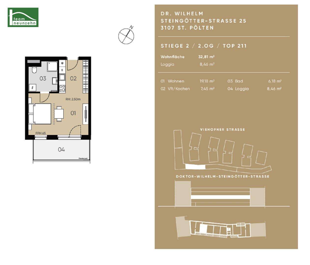 Grundriss einer Wohnung mit Wohnbereich, Küche, Bad und Loggia, Gesamtfläche 32,81 m².