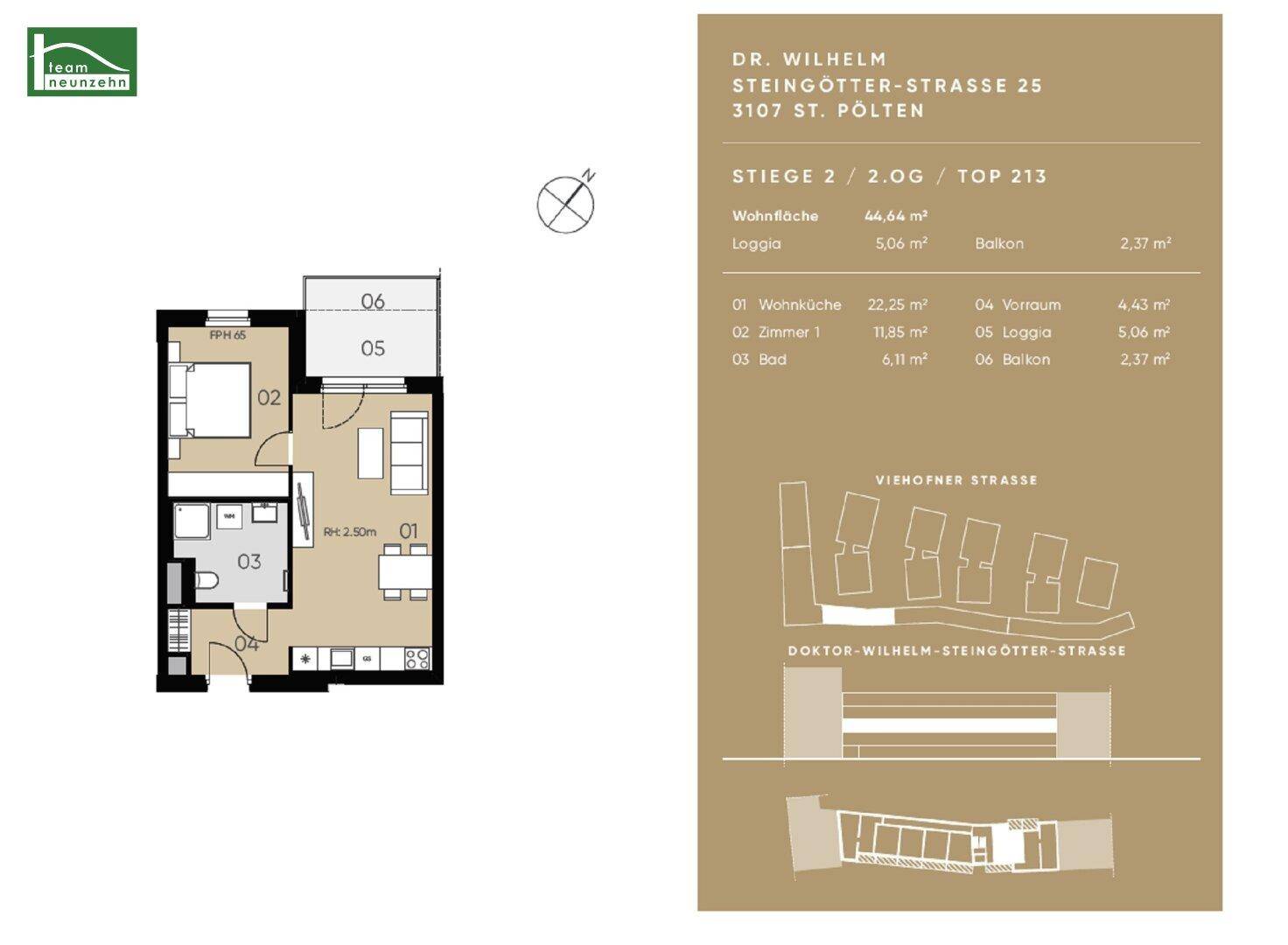 Grundriss einer Wohnung mit Wohnküche, Schlafzimmer und Loggia, Gesamtfläche 44,64 m².