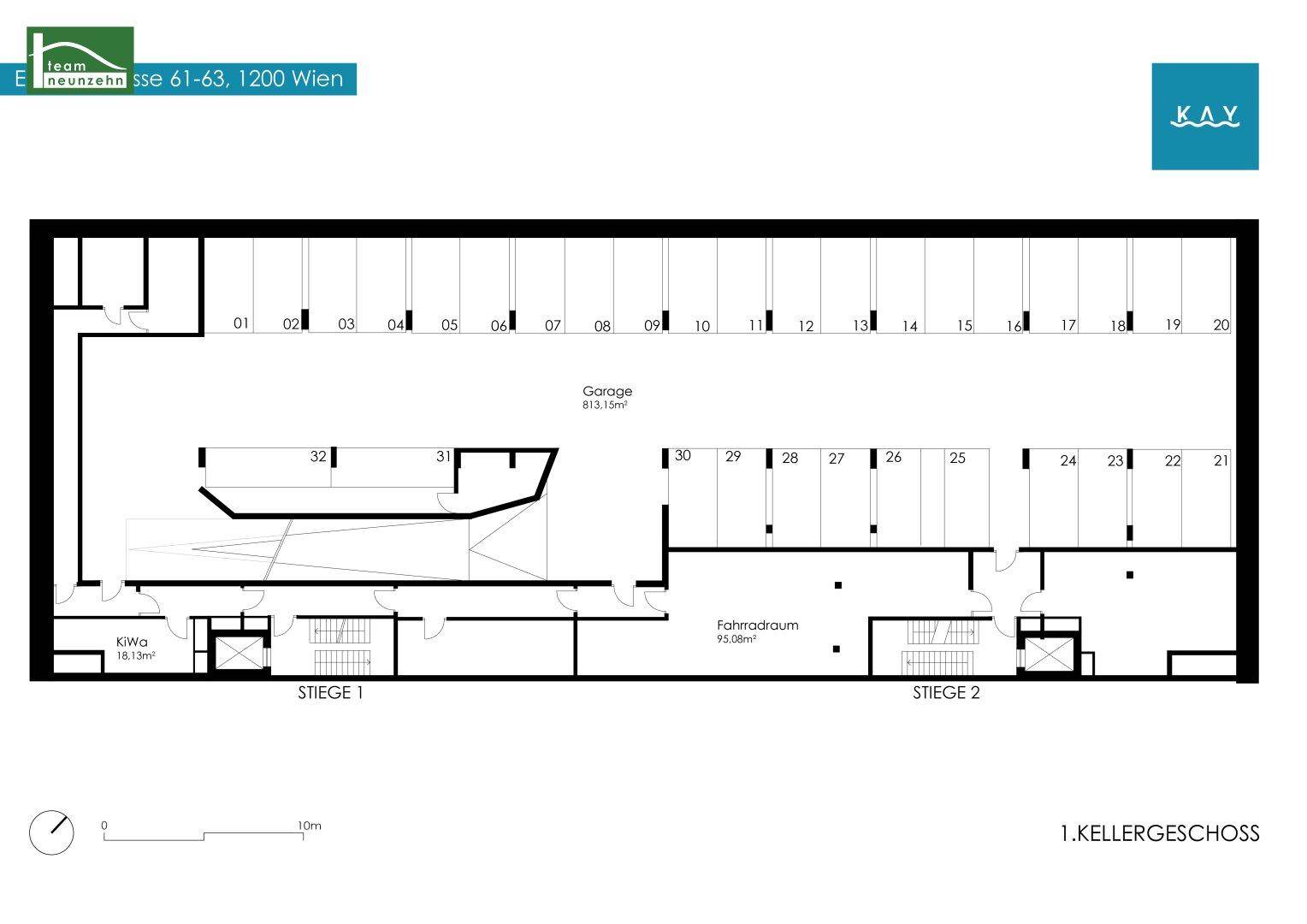 Grundriss des ersten Kellergeschosses mit Tiefgarage, Fahrradraum und Abstellräumen sowie Treppenhäusern.