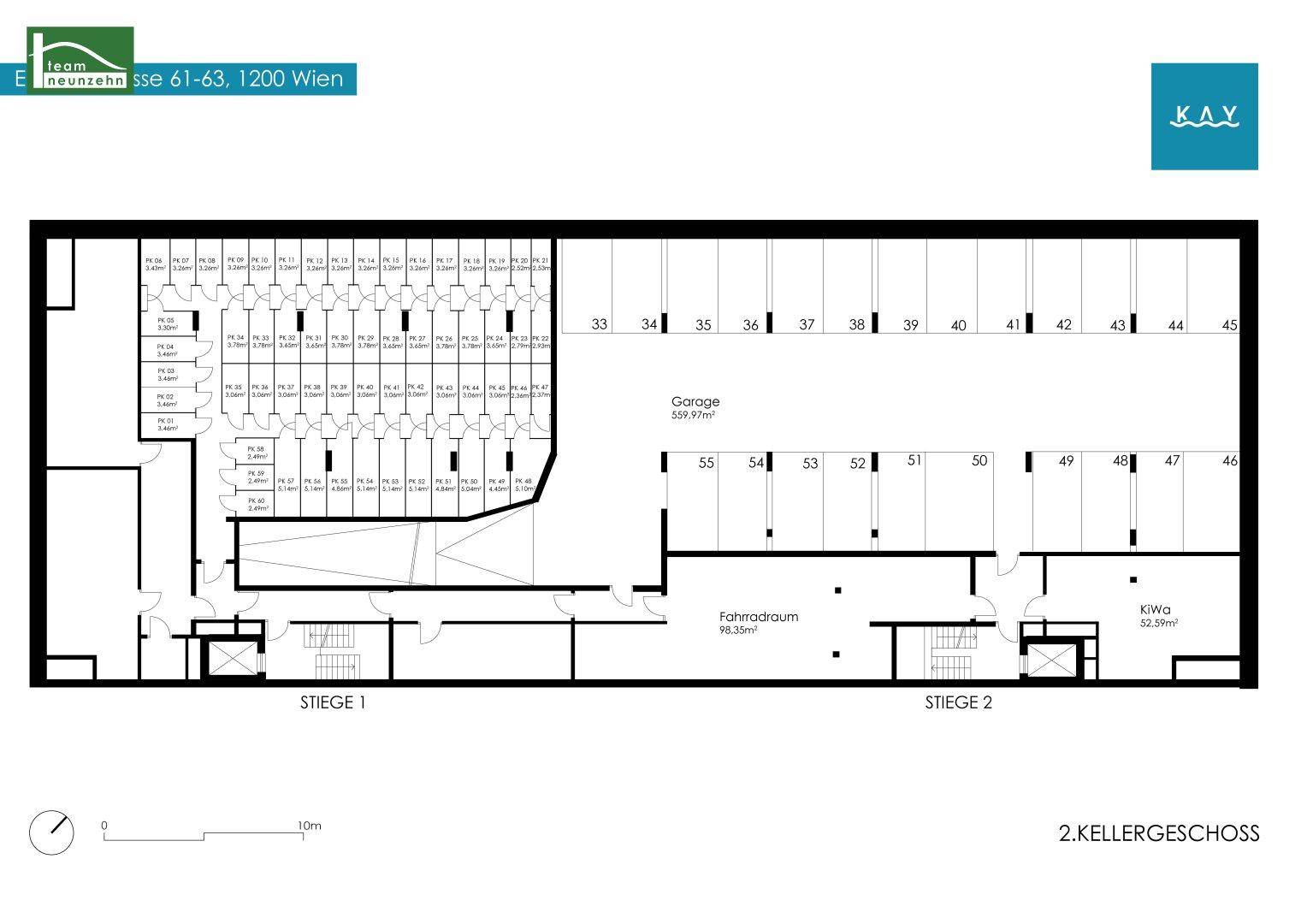 Grundriss des zweiten Kellergeschosses mit weiteren Tiefgaragenstellplätzen, Fahrradraum und Abstellräumen.