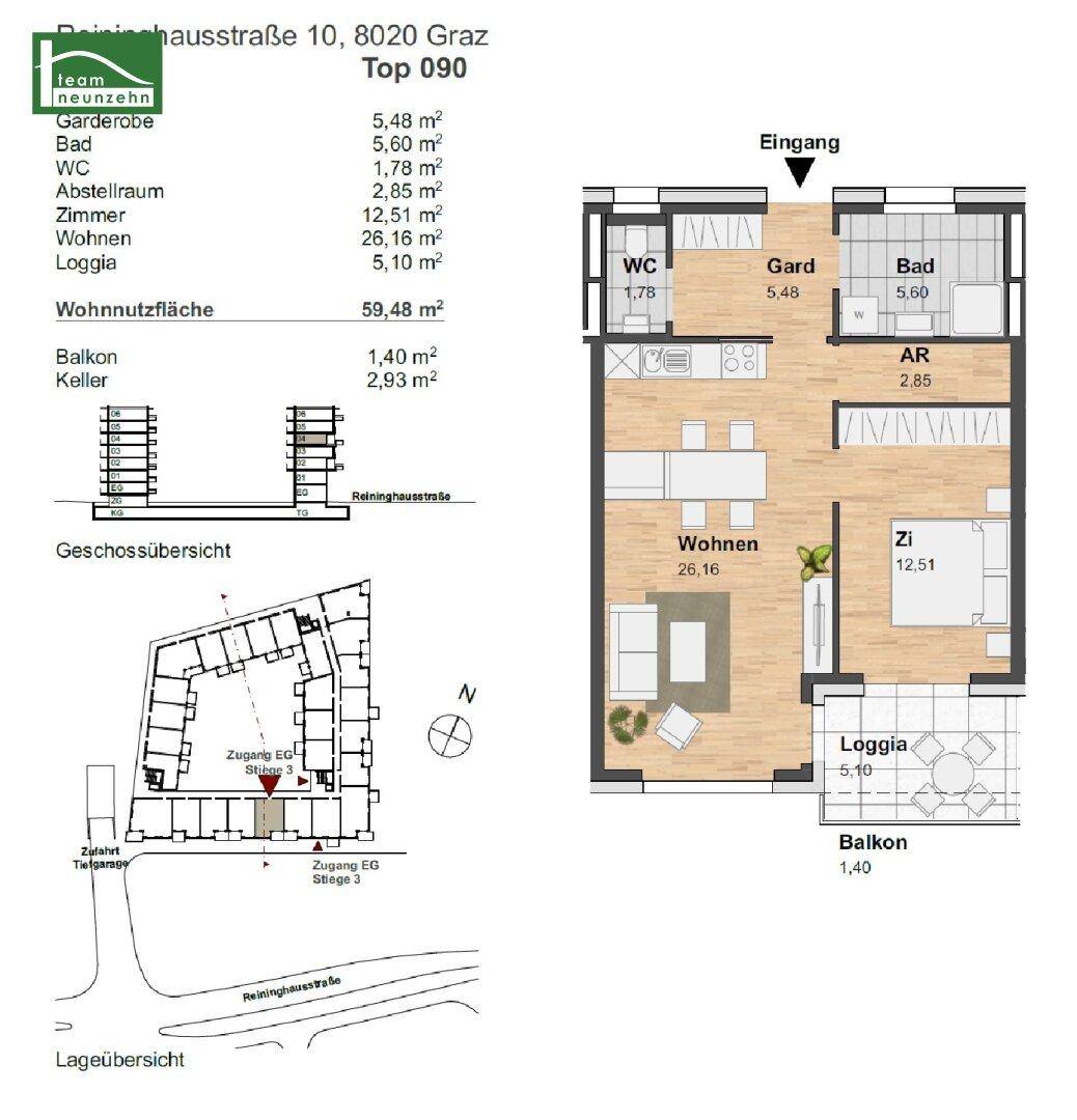 Detaillierter Grundriss einer Wohnung mit Raumaufteilung, Flächenangaben und Lageübersicht.