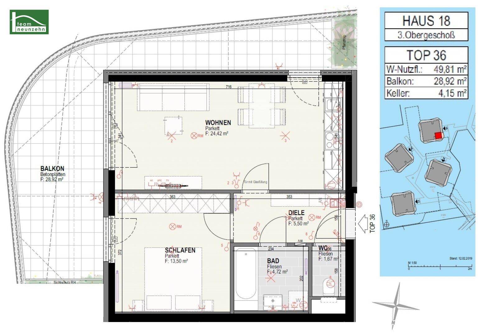 Grundriss von Haus 18, Top 36, mit Wohn-, Schlafzimmer und Balkon.
