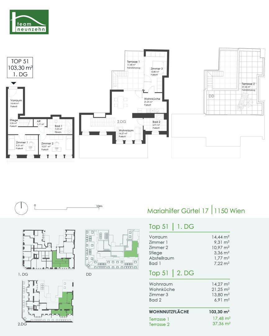 Detaillierter Grundriss der Wohnung mit zwei Terrassen und mehreren Zimmern auf zwei Ebenen.