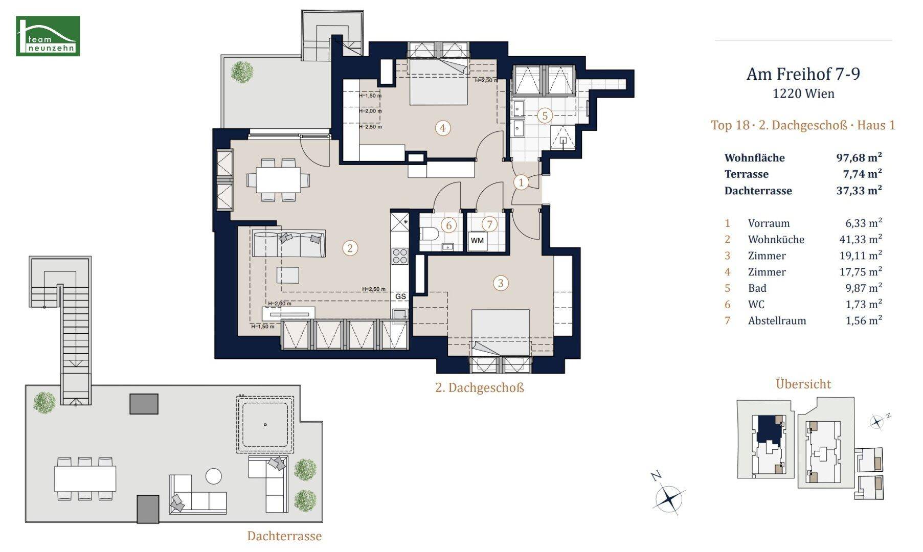 Grundriss einer Duplex-Wohnung im Dachgeschoss mit offener Wohnküche, zwei Schlafzimmern, einer Terrasse und einer großen Dachterrasse.