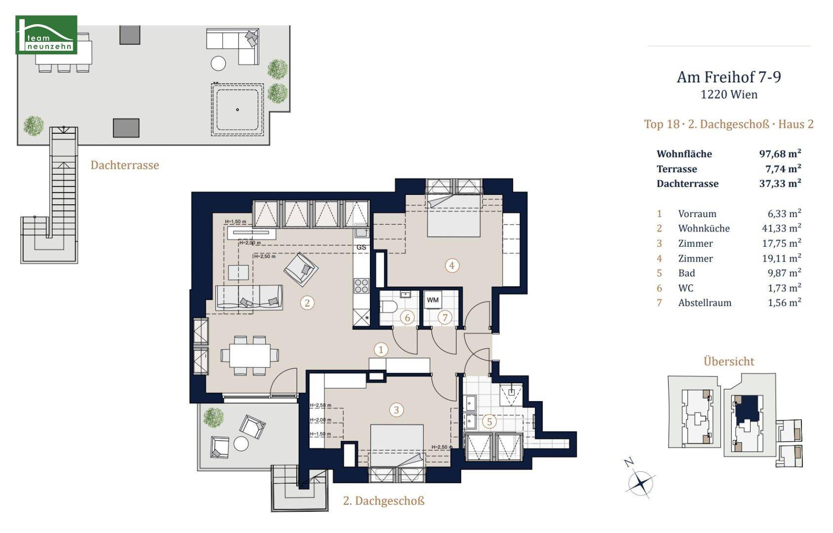 Detaillierter Grundriss einer Dachgeschosswohnung mit zwei Terrassen und offenem Wohnbereich.