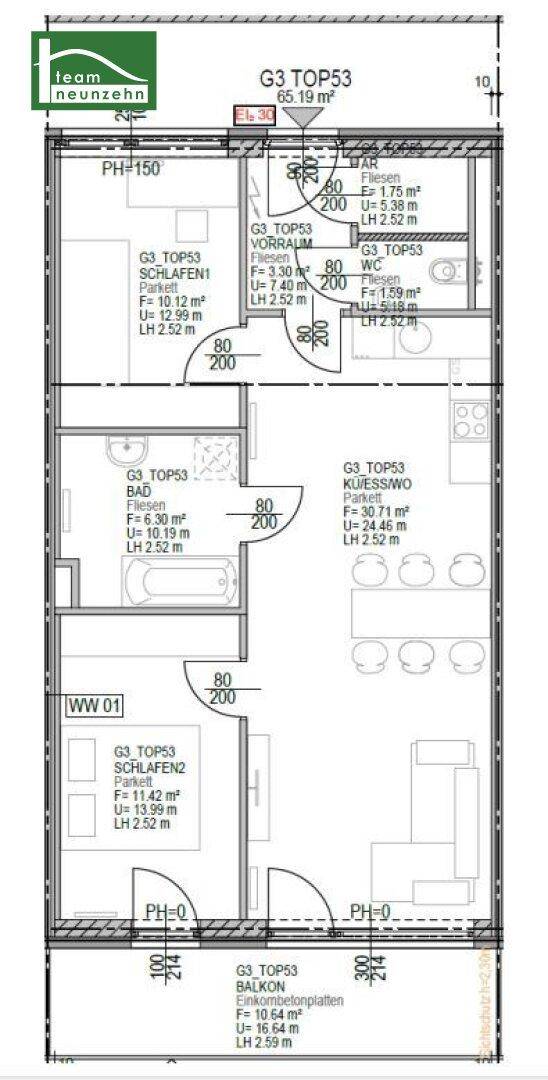 Detaillierter Grundriss einer Wohnung mit zwei Schlafzimmern, Bad und offenem Wohnbereich.
