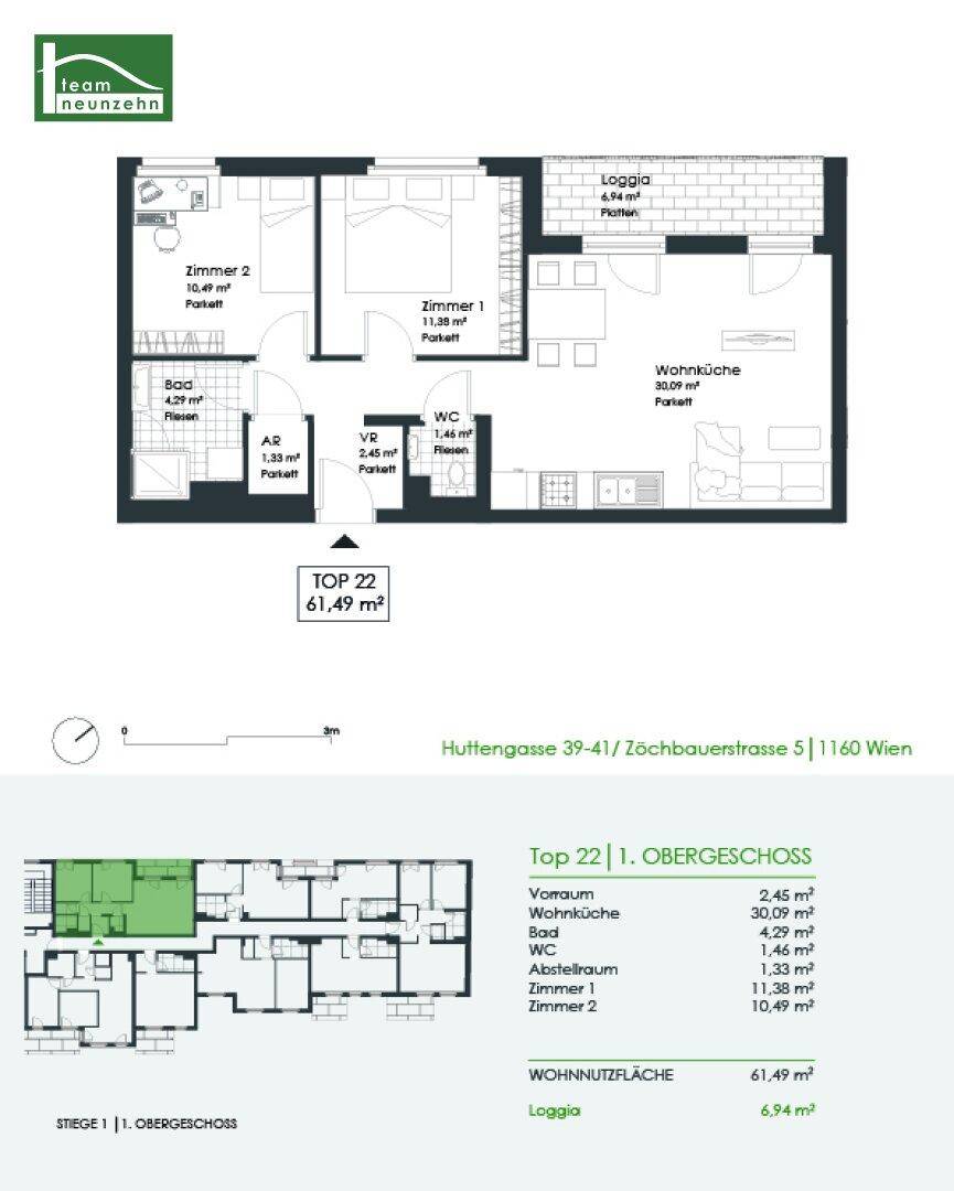 Detaillierter Grundriss der Wohnung Top 22 mit 61,49 m² Wohnfläche und Loggia.