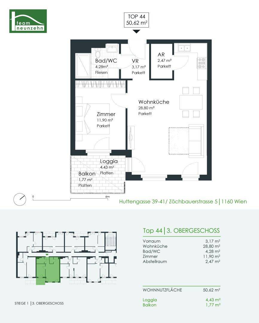 Detaillierter Grundriss der Wohnung Top 44 im 3. Obergeschoss mit Loggia und Balkon.