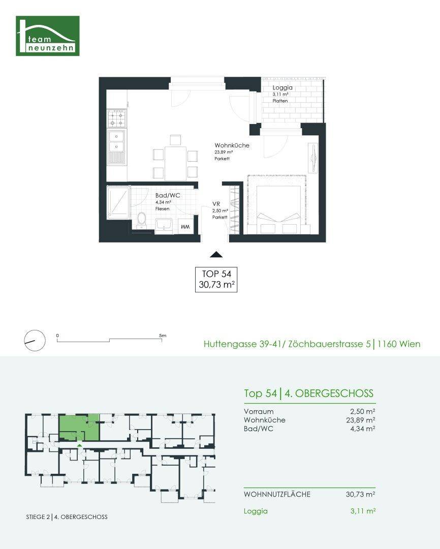 Detaillierter Grundriss der Wohnung Top 54 im 4. Obergeschoss mit Loggia.