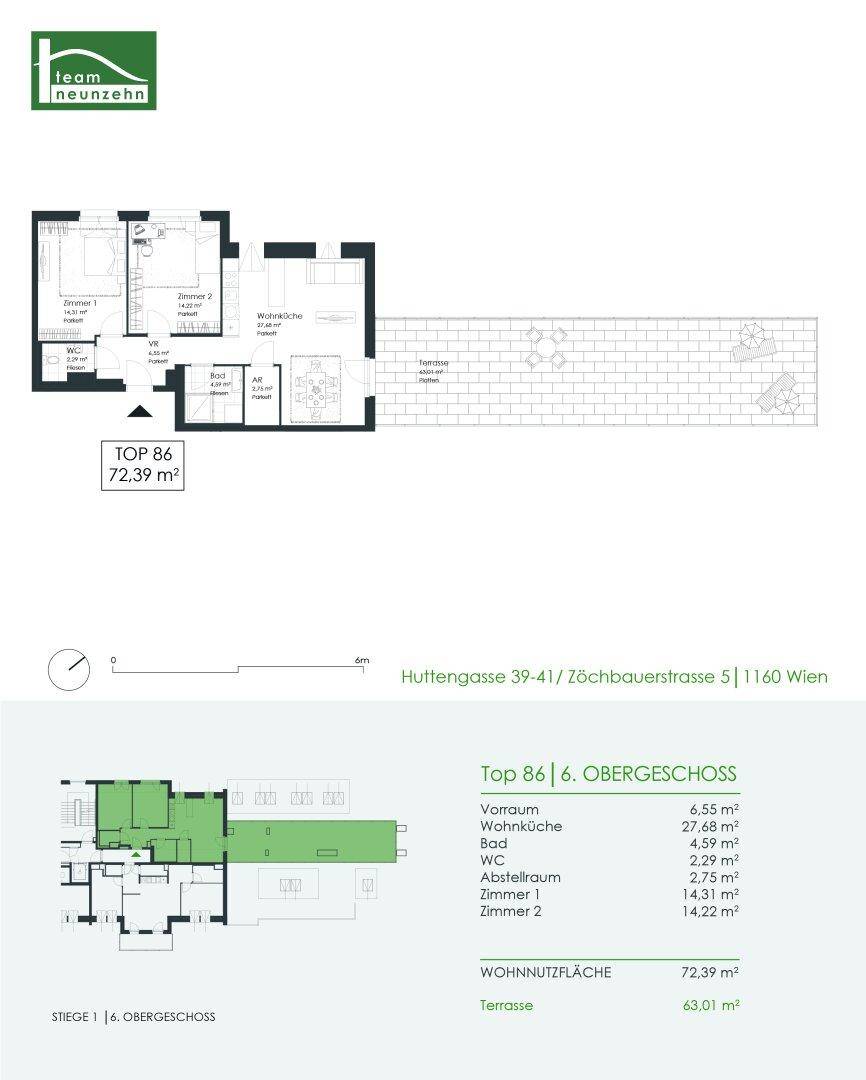 Detaillierter Grundriss der Wohnung Top 86 mit 72,39 m² Wohnfläche und Terrasse.