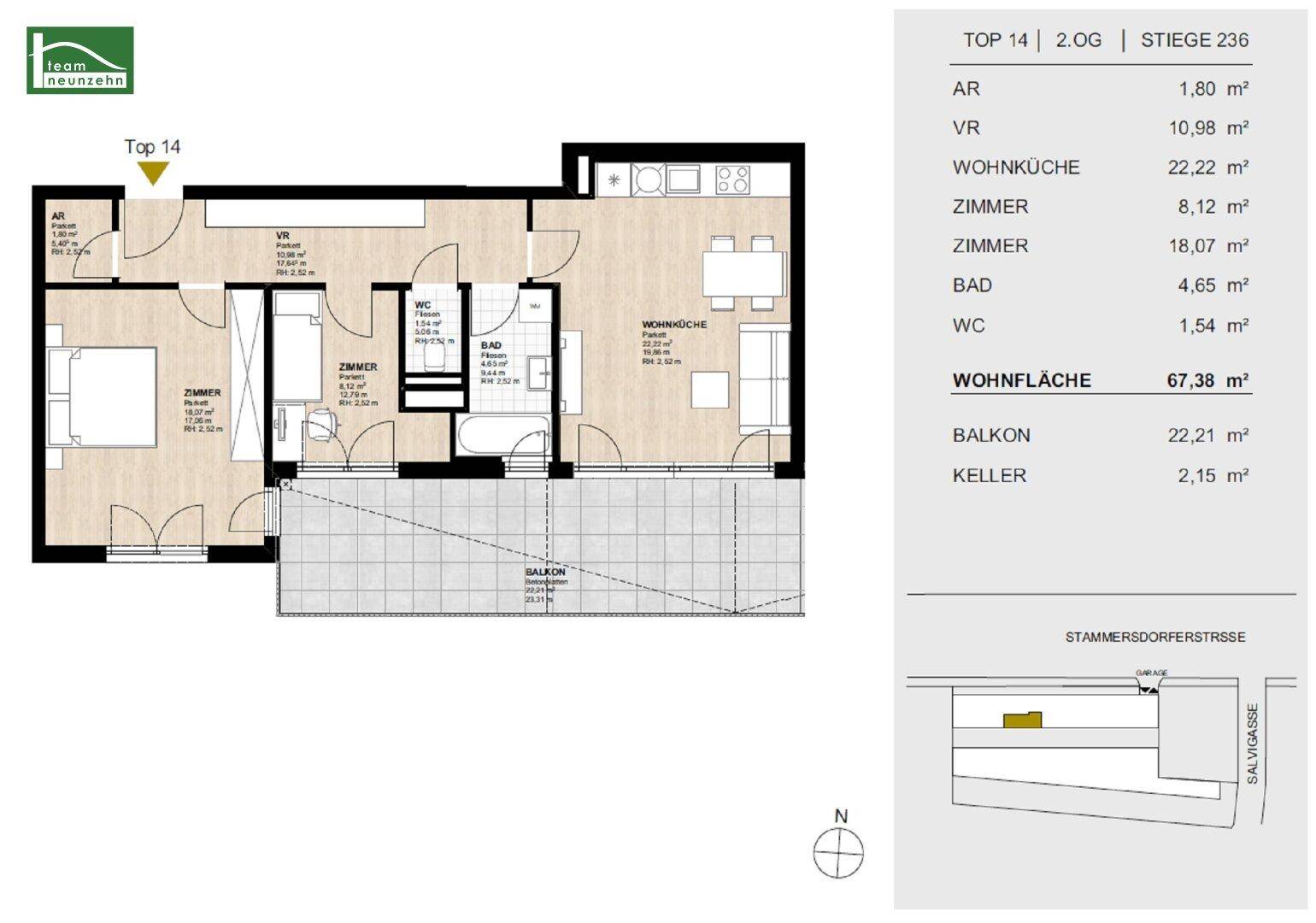 Detaillierter Grundriss der Wohnung mit Raumaufteilung, Balkon und Kellerabteil.