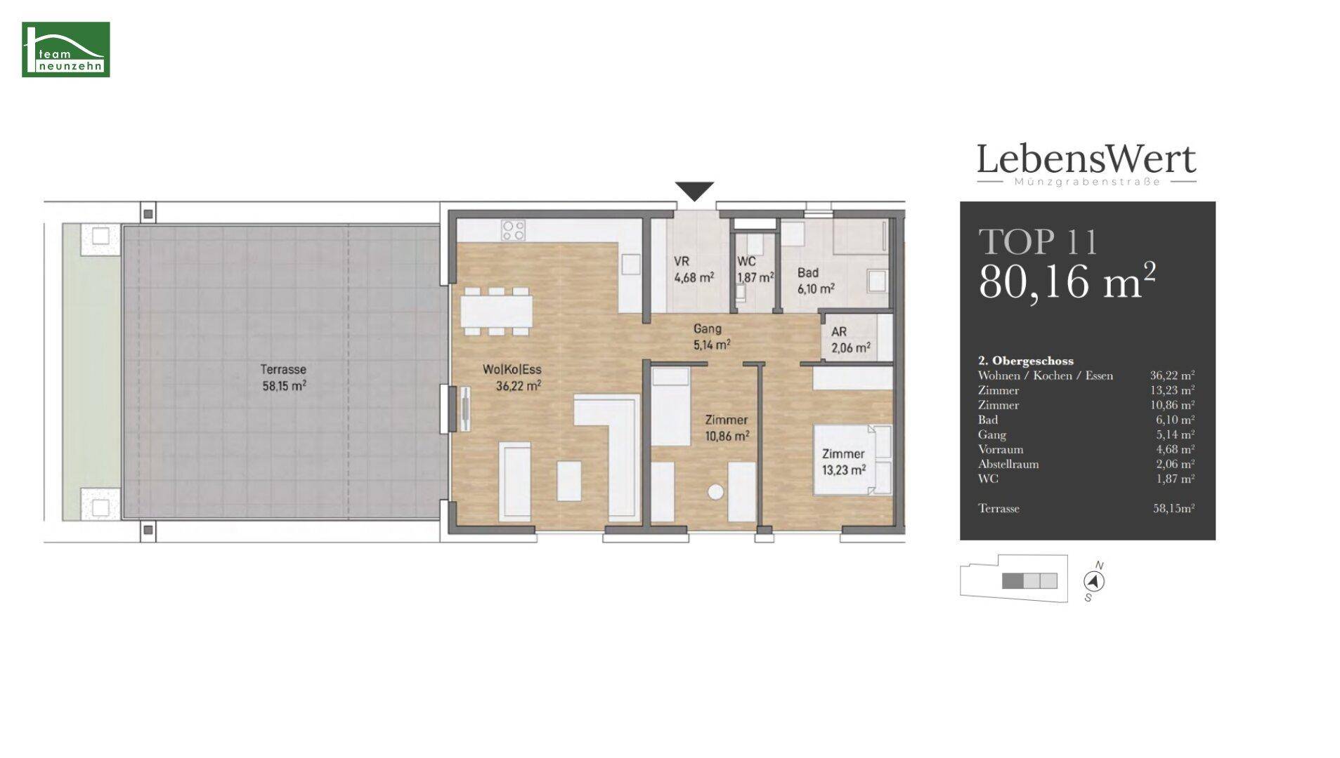 Grundriss der Wohnung TOP 11 mit 80,16 m² Wohnfläche, offener Gestaltung und großer Terrasse.