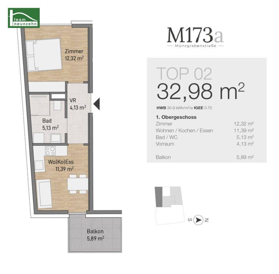 Grundriss einer Wohnung mit einem Schlafzimmer, offenem Wohnbereich, Bad und Balkon.