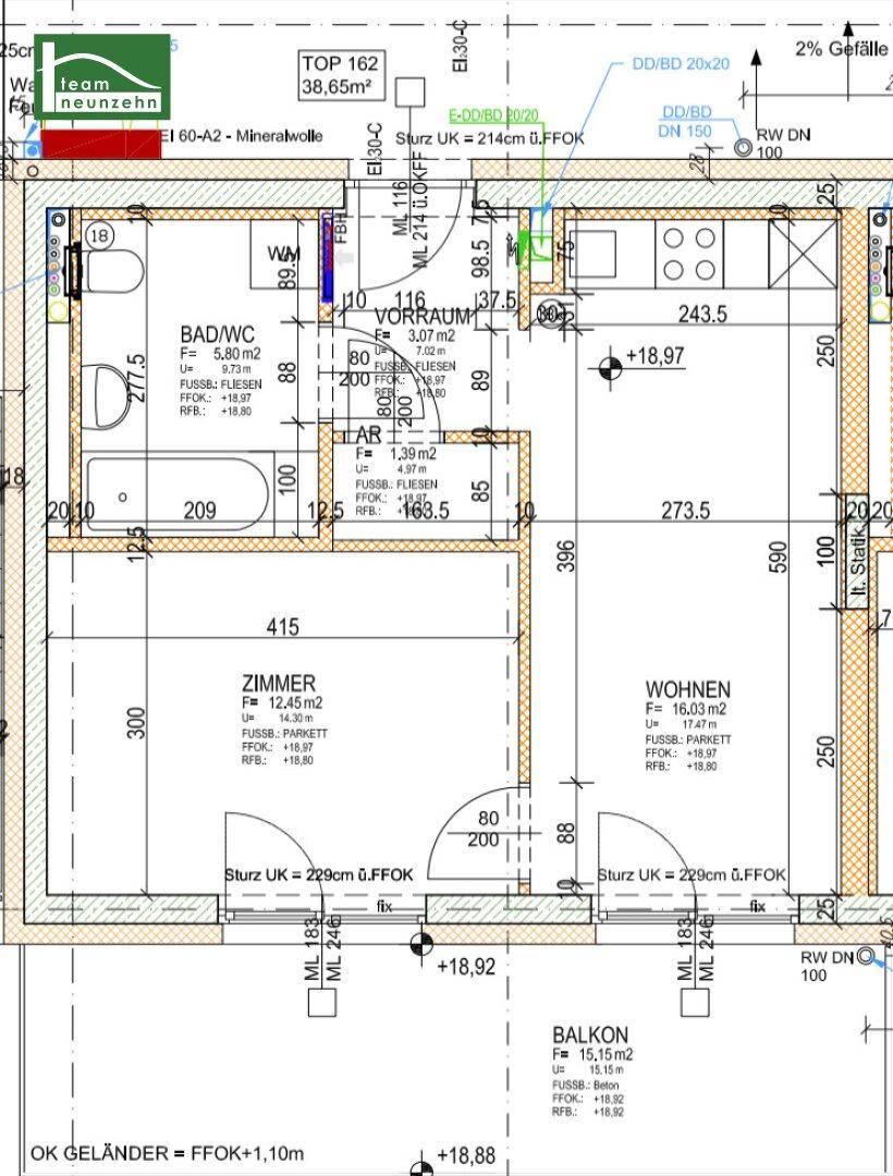 Detaillierter Grundriss der Wohnung mit Zimmeraufteilung, Bad und Balkon.