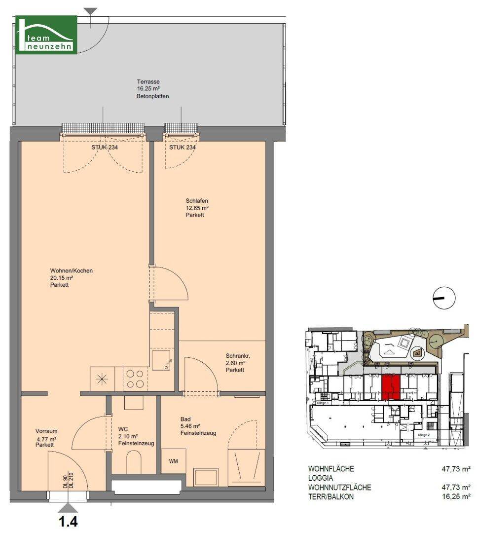 Grundriss einer Wohnung mit Wohn-/Kochbereich, Schlafzimmer, Bad und Terrasse.