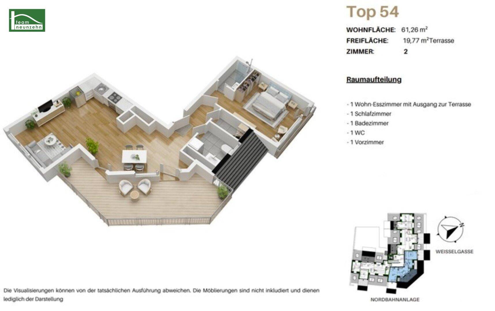 3D-Grundrissvisualisierung der Wohnung Top 54 mit Wohnfläche und Terrassenbereich.