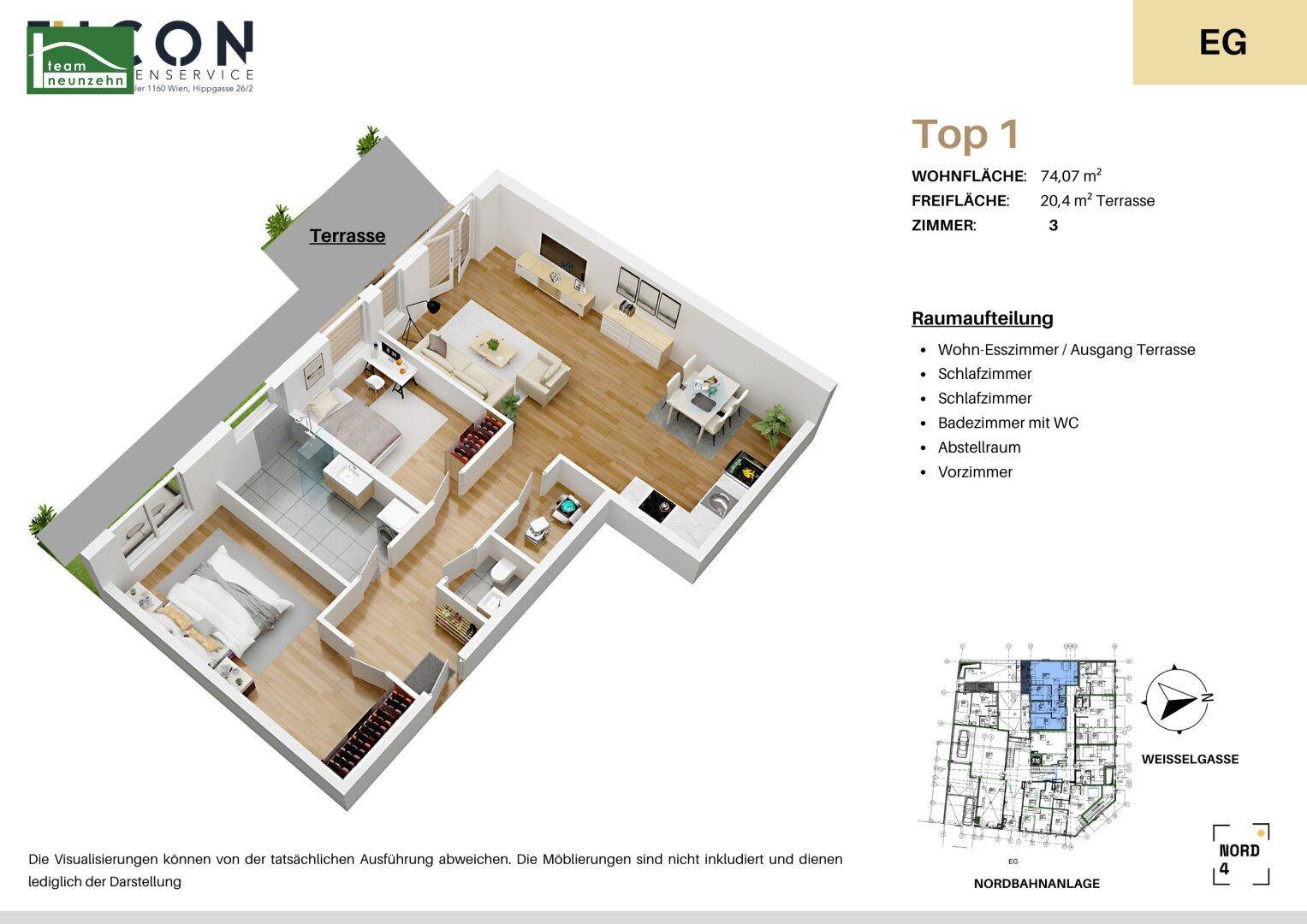 Detaillierter Grundriss der Wohnung Top 1 mit 74,07 m² Wohnfläche und 20,4 m² Terrasse.