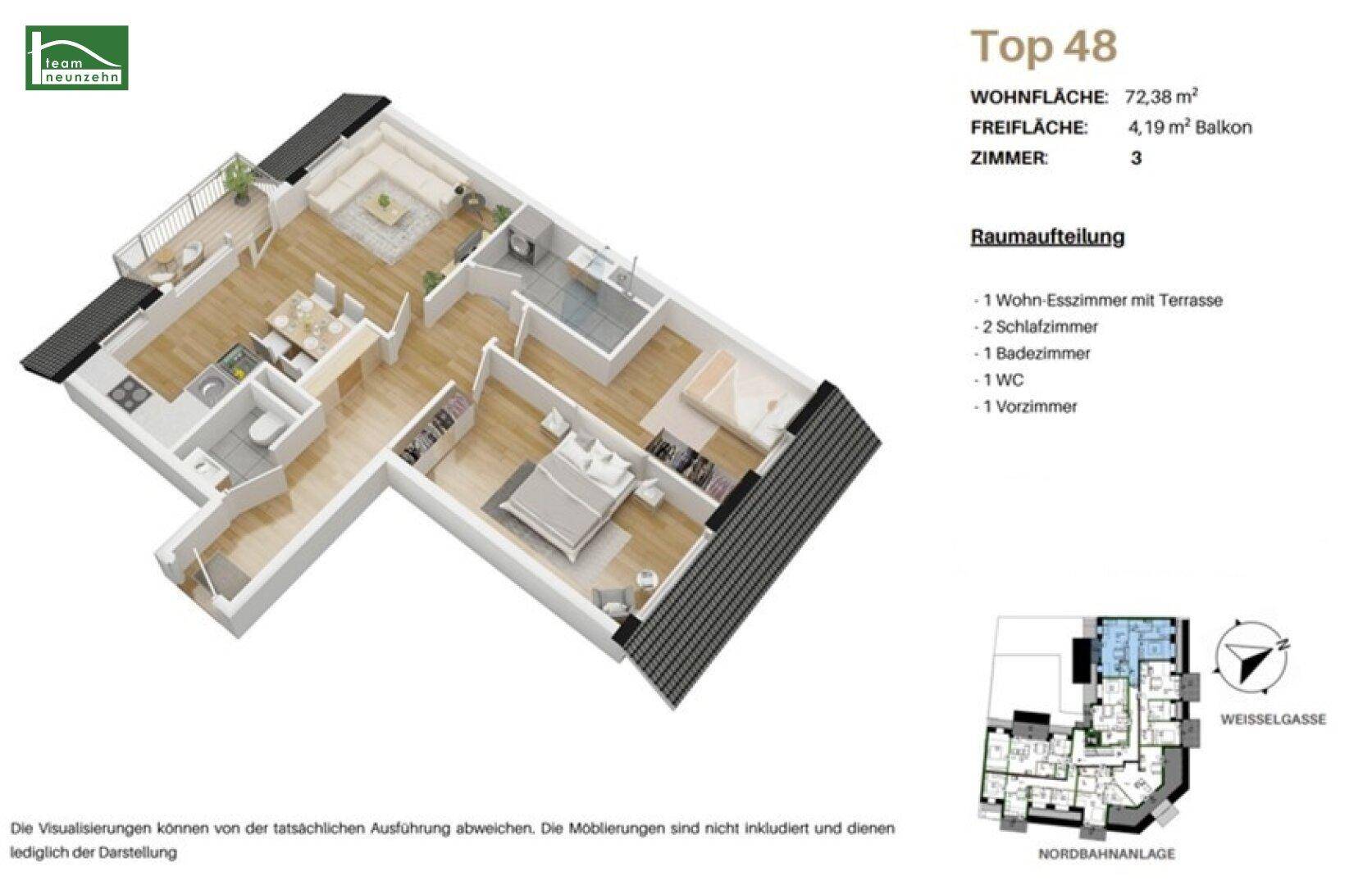Dreidimensionaler Grundriss einer Wohnung mit drei Zimmern und Balkon, zeigt die Raumaufteilung.