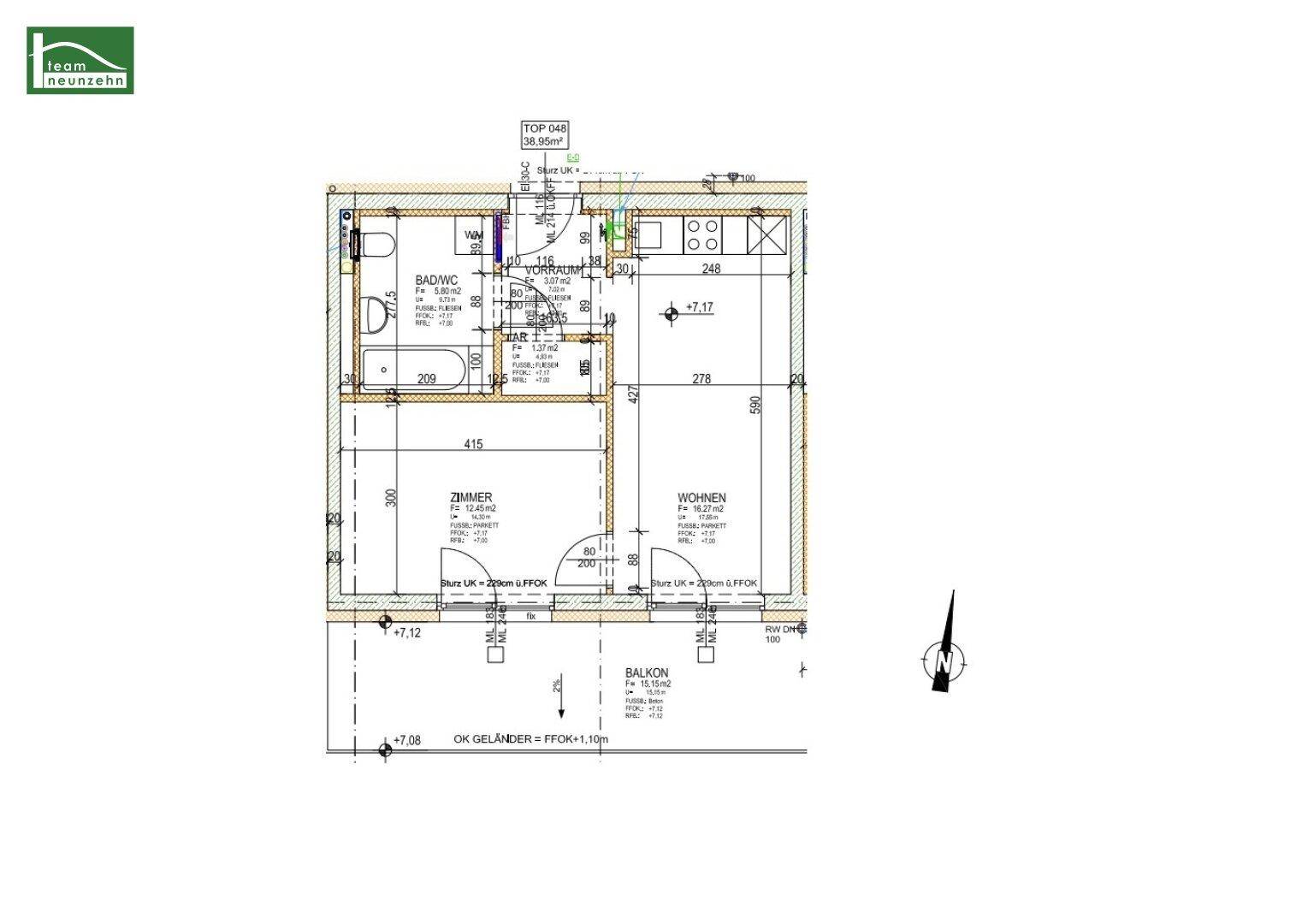 Grundriss einer Wohnung mit Bad, Zimmer, Wohnbereich und Balkon, inklusive Maßen.