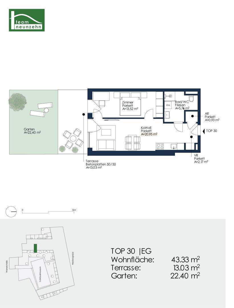 Grundriss der Wohnung TOP 30 mit offenem Wohnbereich, Terrasse und Garten.