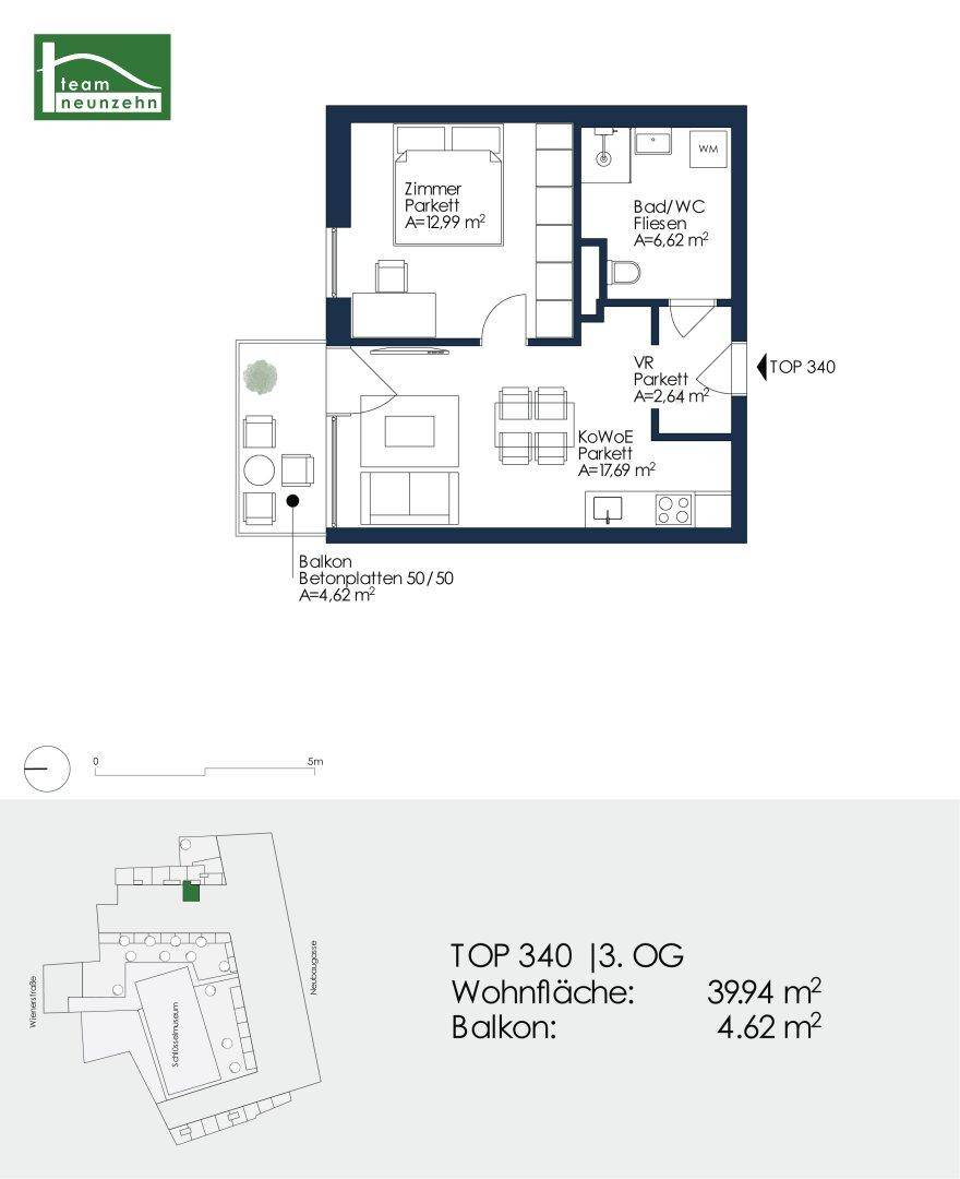 Grundriss der Wohnung TOP 340 mit Zimmer, Bad/WC, Vorraum und Wohnküche.