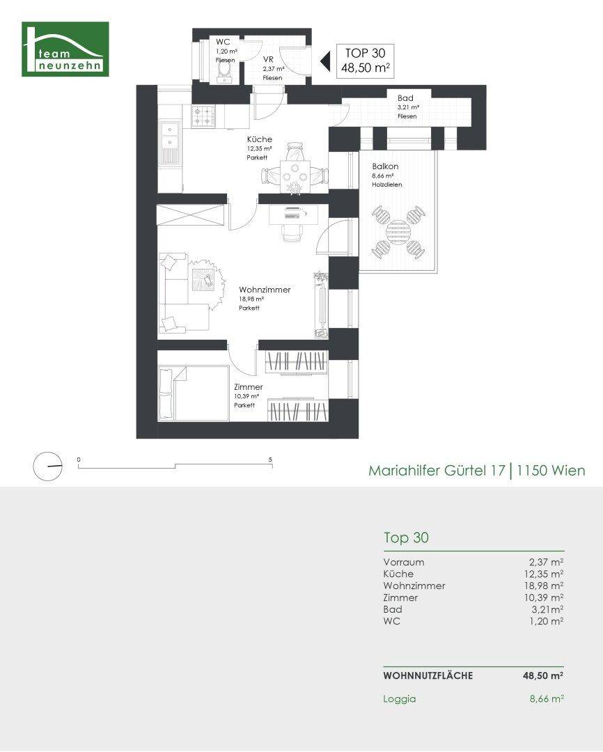 Detaillierter Grundriss einer Wohnung mit Balkon, Küche, Wohnzimmer und Schlafzimmern.