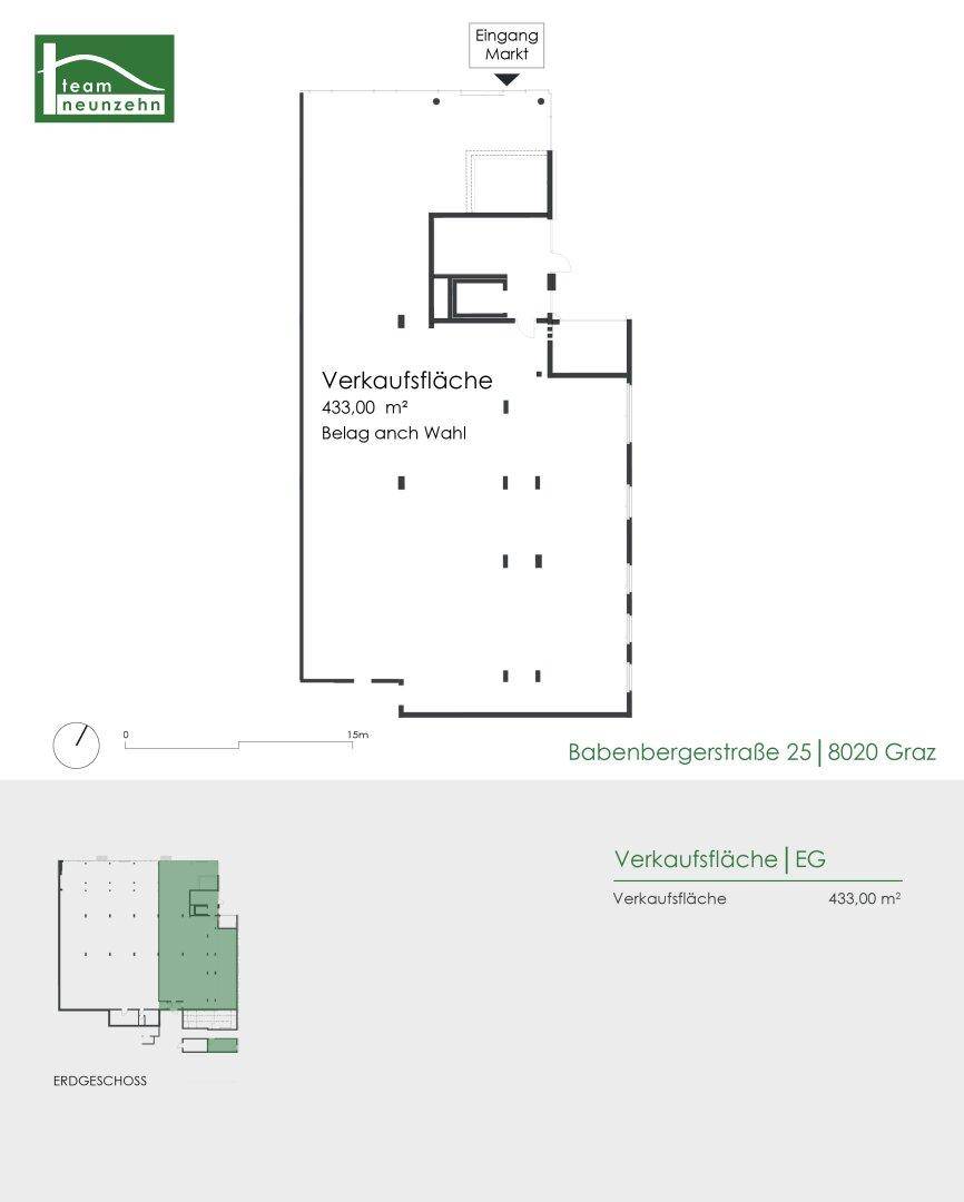 Grundriss der Verkaufsfläche im Erdgeschoss mit einer Gesamtfläche von 433,00 m².