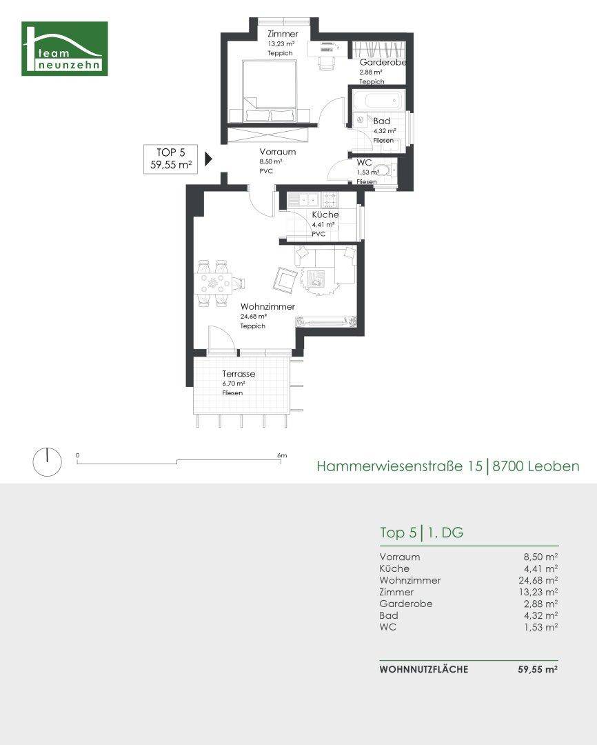Detaillierter Grundriss der Wohnung TOP 5 mit Wohnzimmer, Küche und Schlafzimmer.