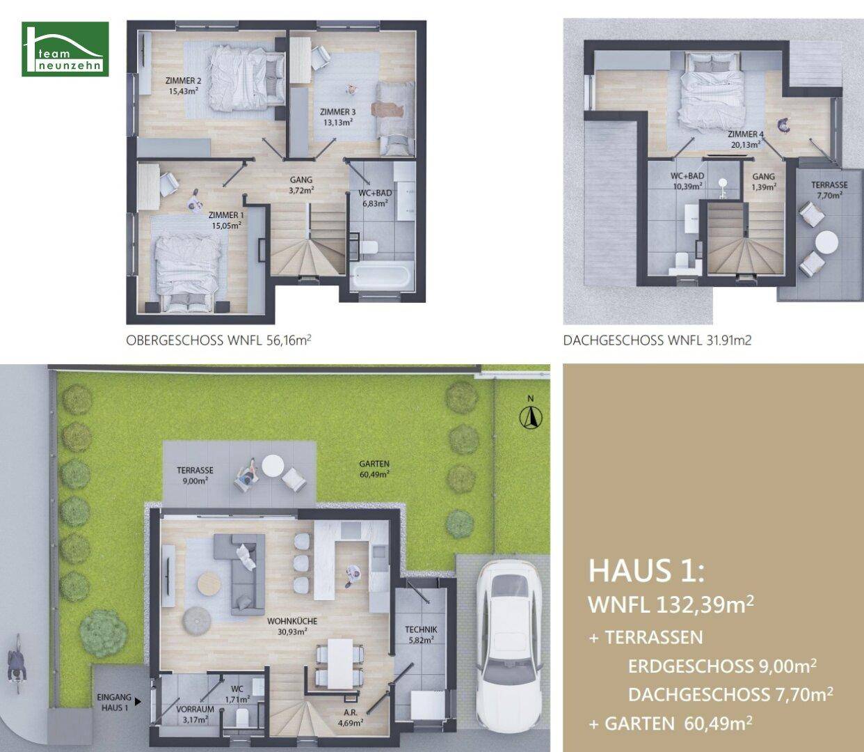 Grundrisse für Haus 1, inklusive Erdgeschoss, Obergeschoss und Dachgeschoss mit Terrassen und Garten.