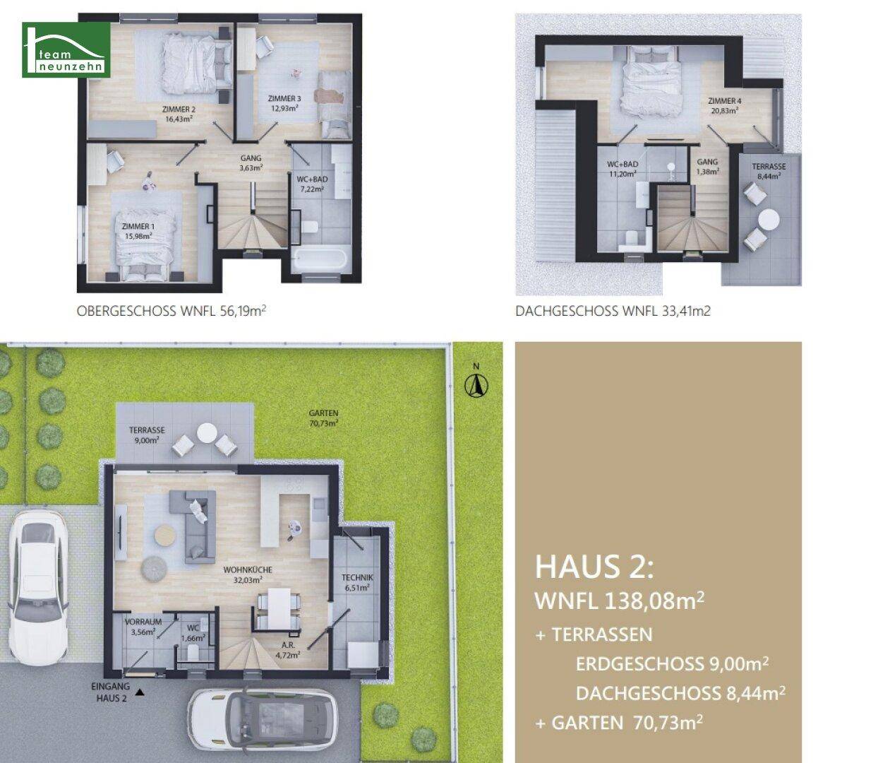 Grundriss von Haus 2 mit Obergeschoss, Dachgeschoss und Erdgeschoss-Layout.