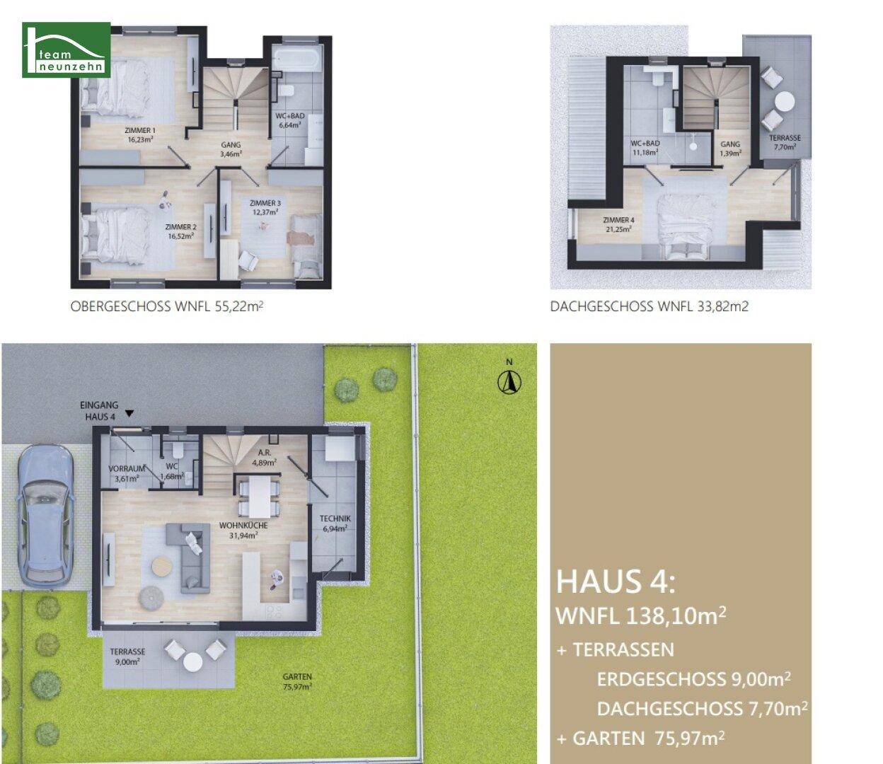Detaillierte Grundrisse von Haus 4 über drei Etagen mit Garten und Terrassen.