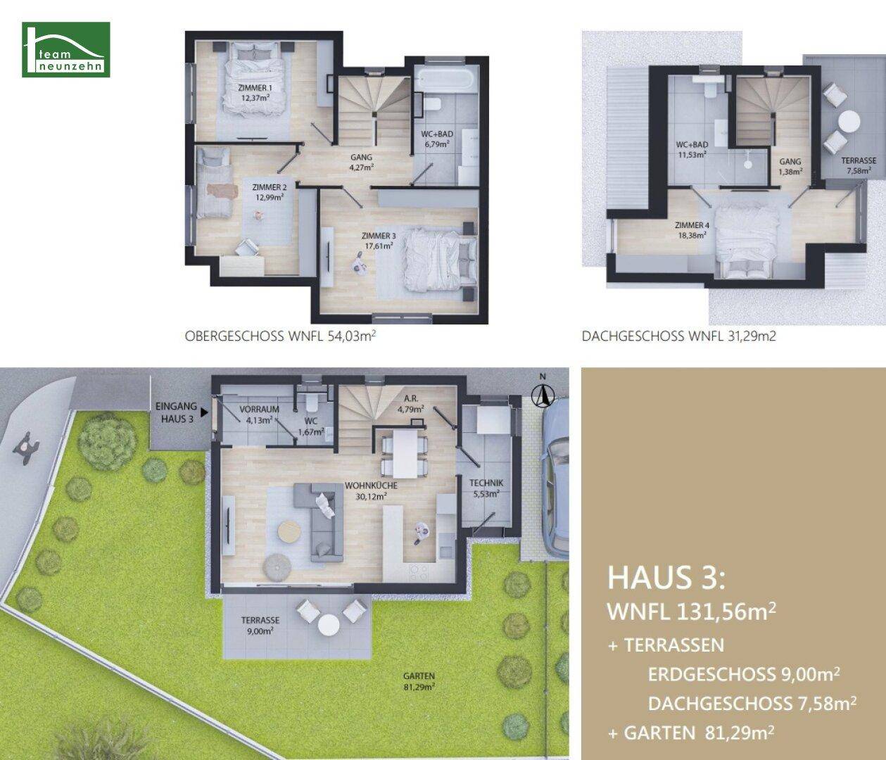 Detaillierter Grundriss von Haus 3 über drei Ebenen mit Garten, Terrasse und offenem Wohnbereich.