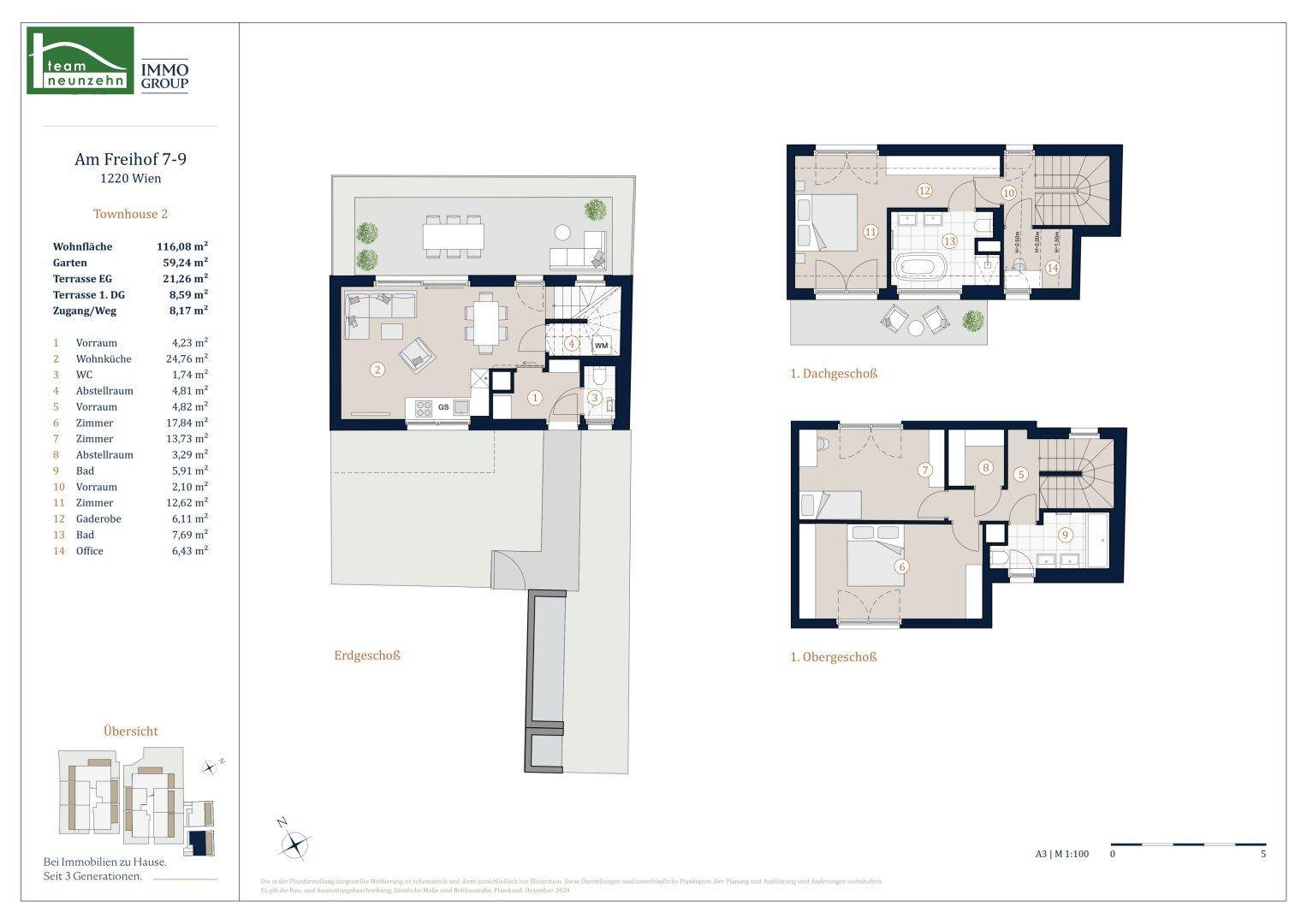 Detaillierter Grundriss eines Reihenhauses mit Erdgeschoss, Obergeschoss und Dachgeschoss.