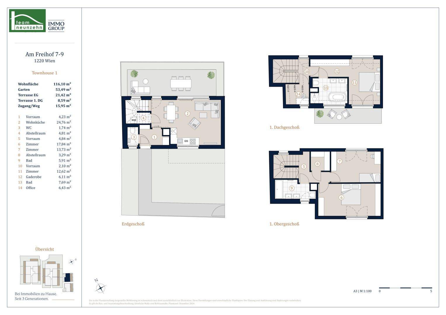 Detaillierter Grundriss eines Reihenhauses über drei Etagen mit Garten und Terrassen.