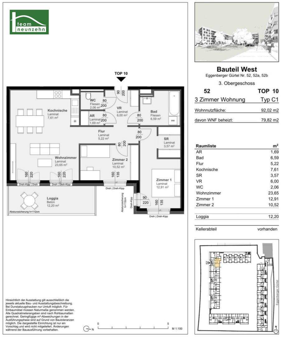 Grundriss einer 3-Zimmer-Wohnung im 3. Obergeschoss mit Loggia und separatem Abstellraum.