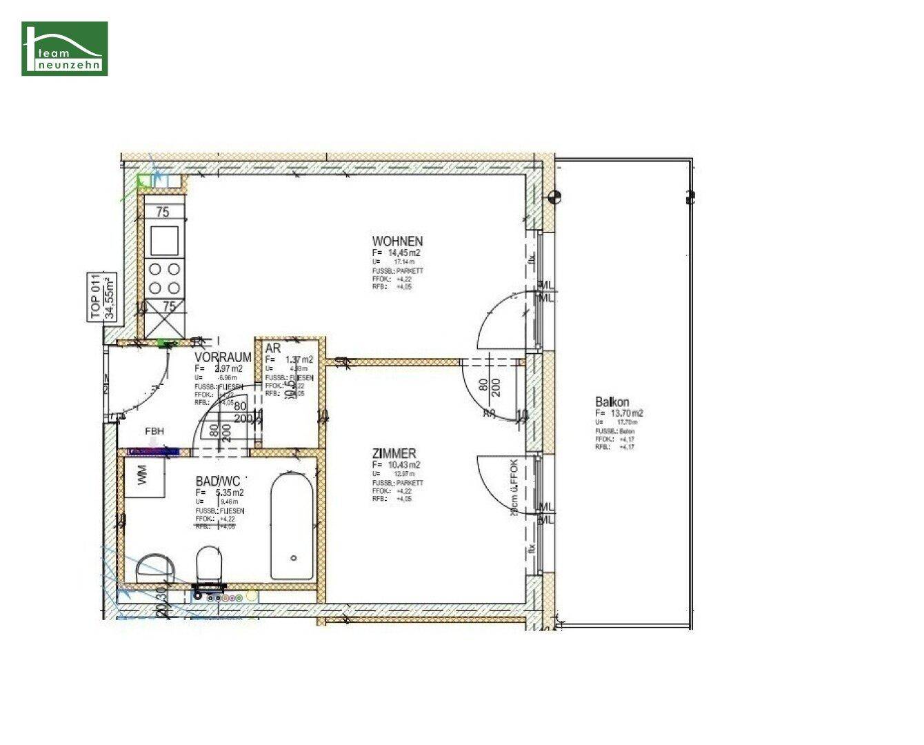 Grundriss einer Wohnung mit Wohnzimmer, Schlafzimmer, Bad und Balkon, inklusive Flächenangaben.