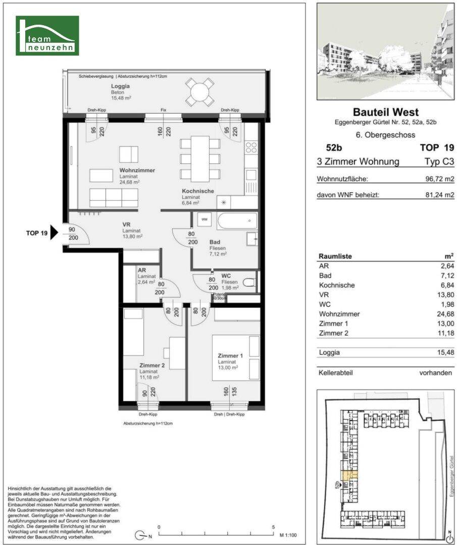 Detaillierter Grundriss einer 3-Zimmer-Wohnung mit offener Wohnküche, Loggia und separatem WC.