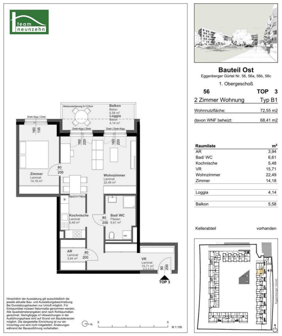 Grundriss einer modernen 2-Zimmer-Wohnung im ersten Obergeschoss mit offener Küche, Balkon und Loggia.
