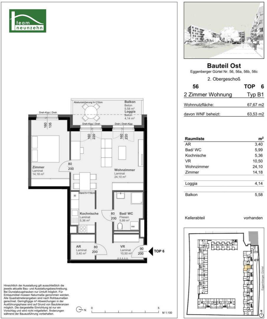 Grundriss einer 2-Zimmer-Wohnung mit Balkon, Loggia, separater Kochnische und Kellerabteil.