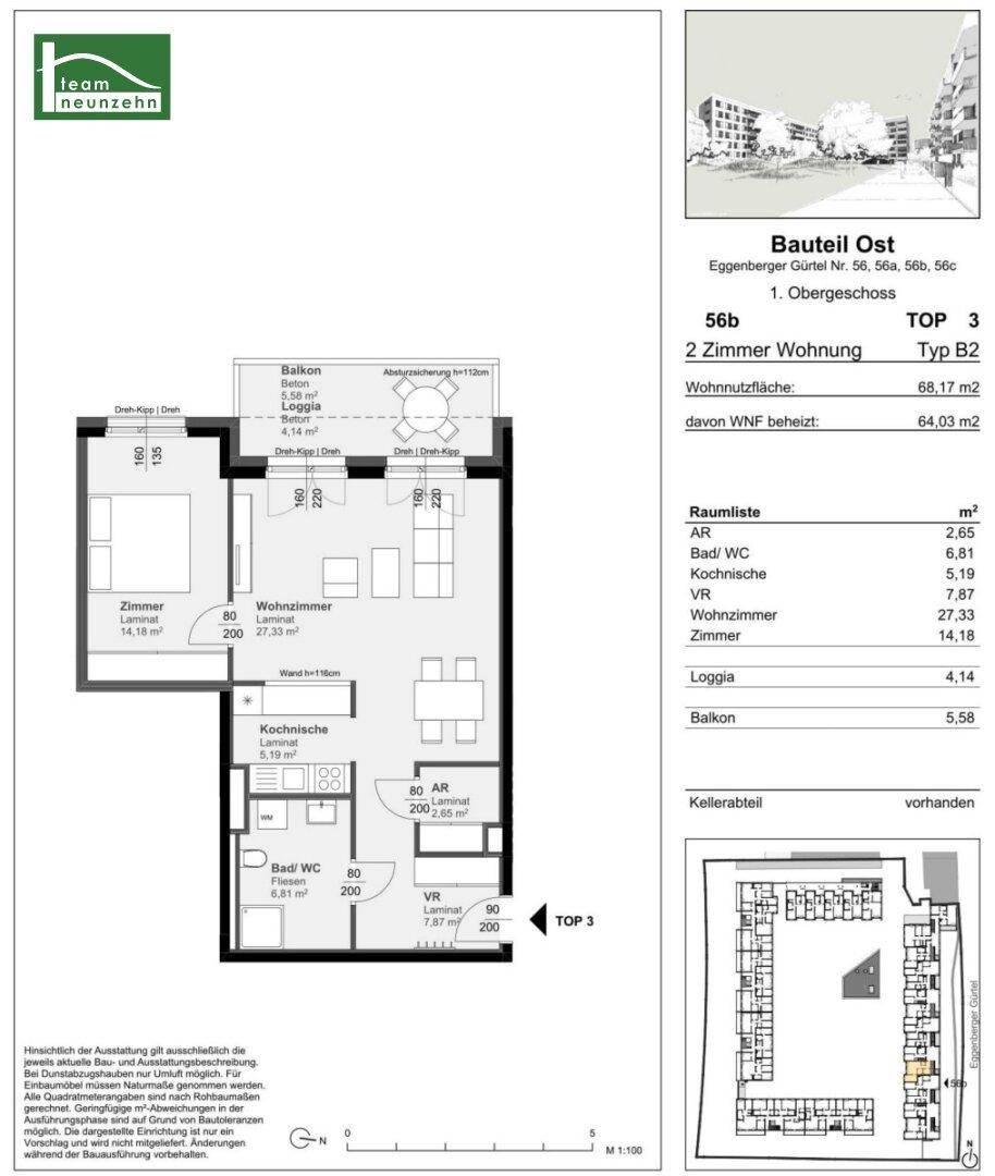 Detaillierter Grundriss einer 2-Zimmer-Wohnung mit offener Kochnische, Balkon und Loggia, sowie separatem Abstellraum.