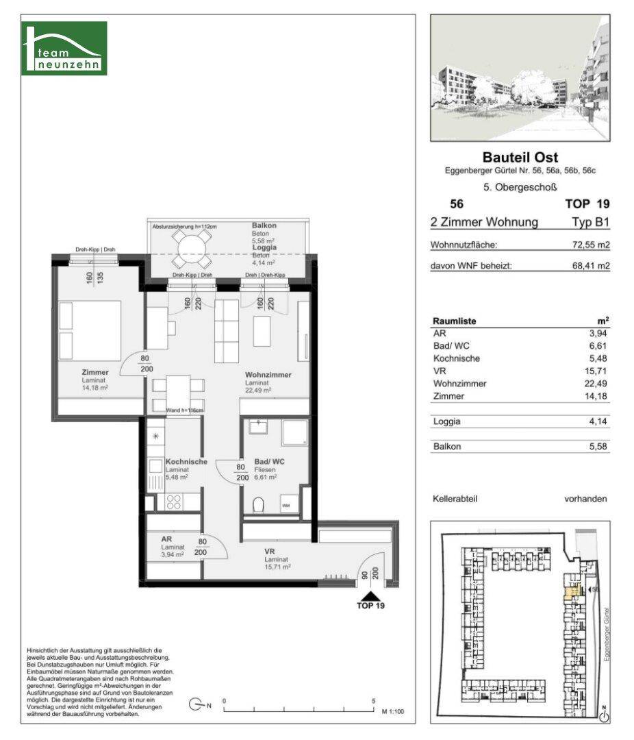 Detaillierter Grundriss einer 2-Zimmer-Wohnung im 5. Obergeschoss mit Balkon und Loggia.