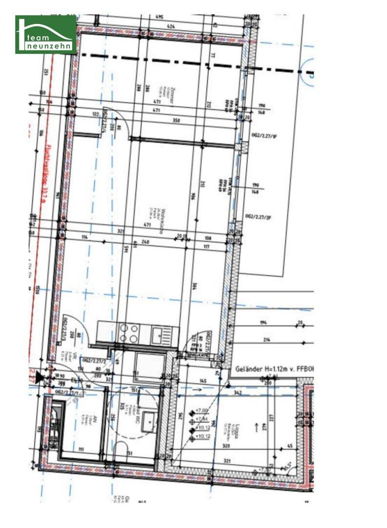 Detaillierter Grundriss einer Wohneinheit mit Küche, WC und Loggia.
