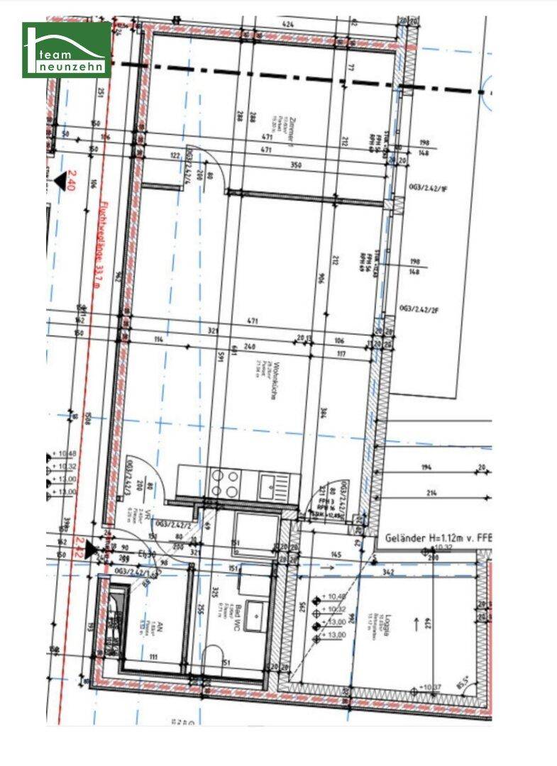 Grundriss einer Wohnung mit offener Wohnküche, Bad, separatem WC und einer Loggia.