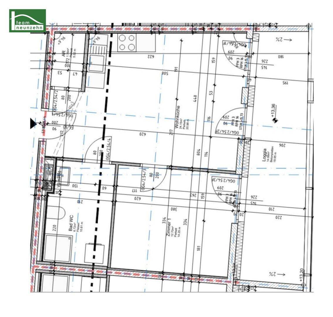 Grundriss einer Wohnung mit offener Wohnküche, Loggia und zwei Bädern.