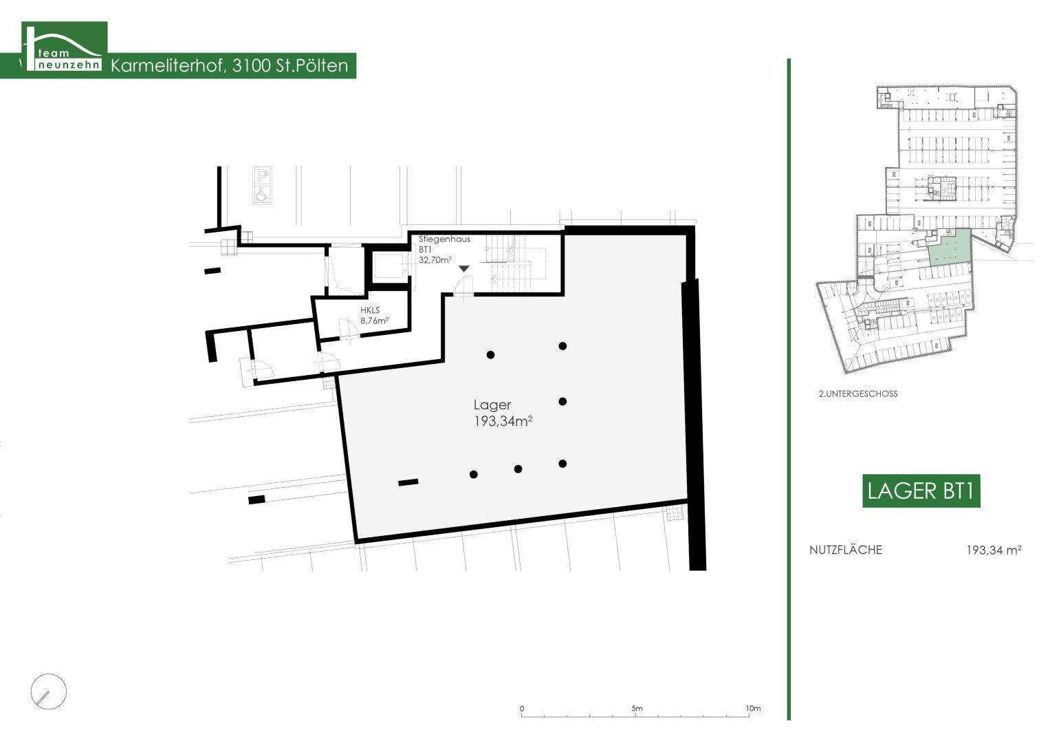 Grundrissplan eines großen Lagerraums im Untergeschoss mit einer Fläche von 193,34 m².